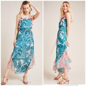 NEW Farm Rio Anthropologie Ruffled Botanical Maxi Dress Iris Blue Medium